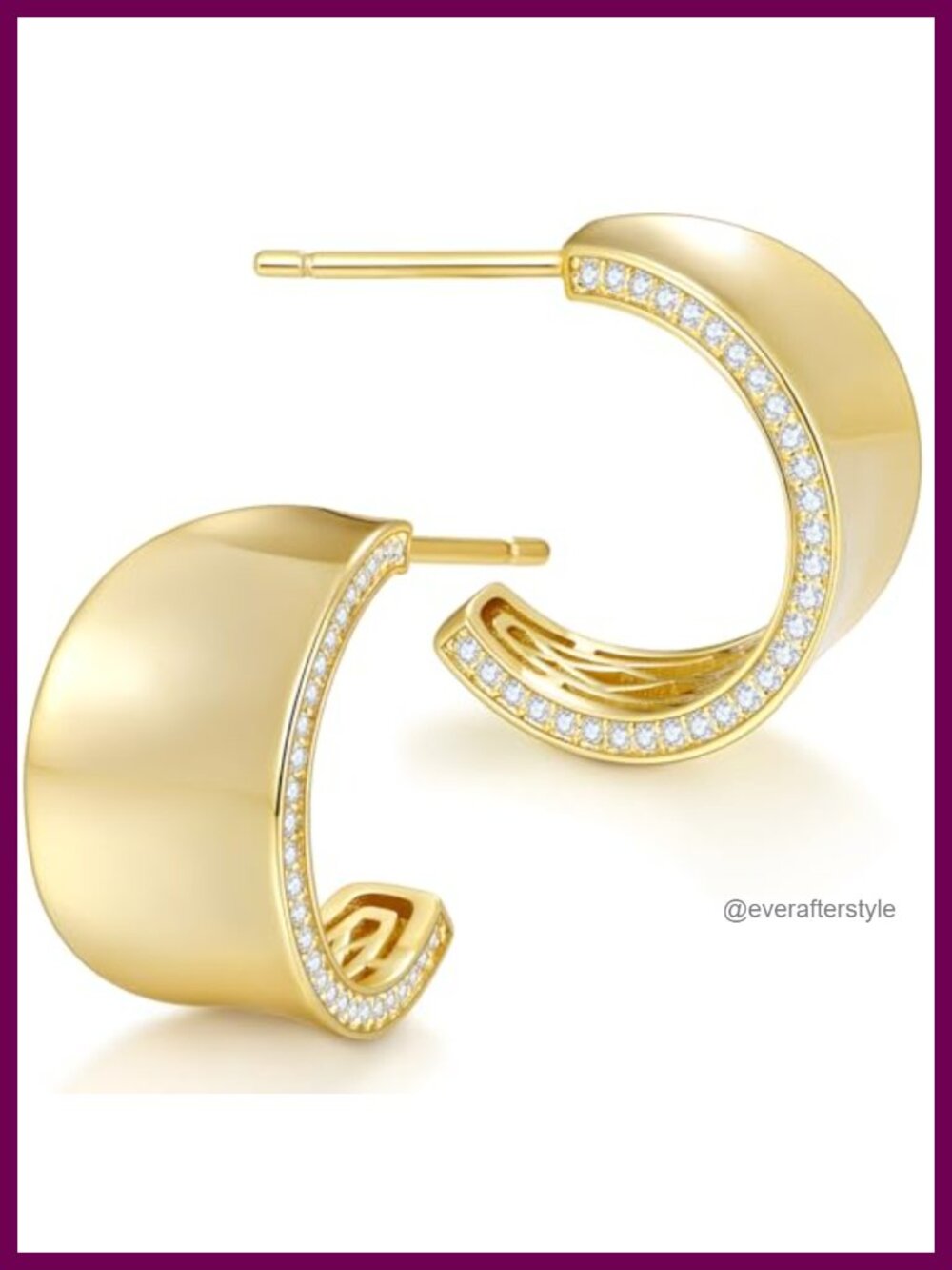 Gold Plated Wide C-Hoop Earrings with Cubic Zirconia